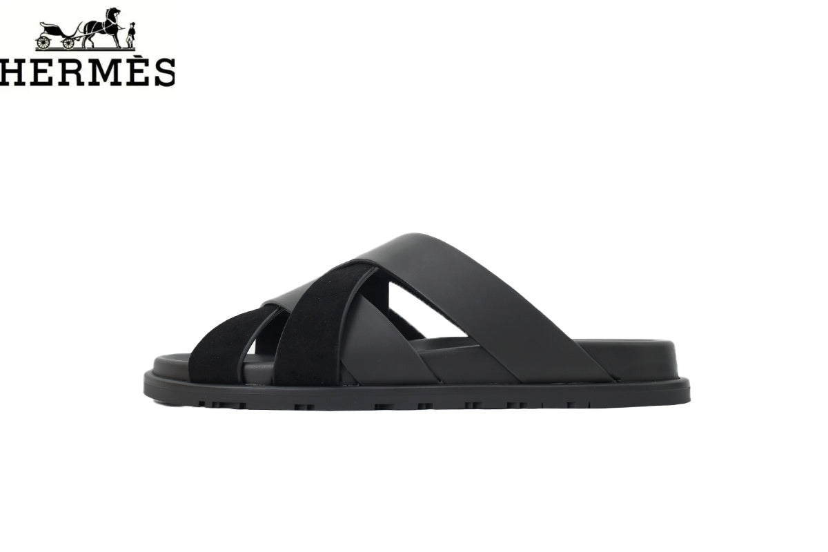 Herm¨¨s Black Leather and Suede Cross-Strap Slide Sandal