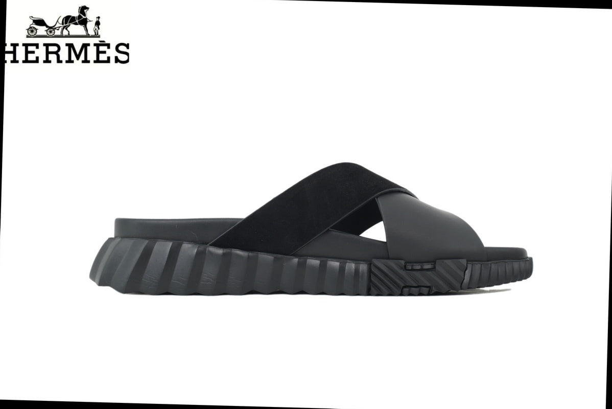 Herm¨¨s Black Leather and Suede Cross-Strap Platform Slide Sandal