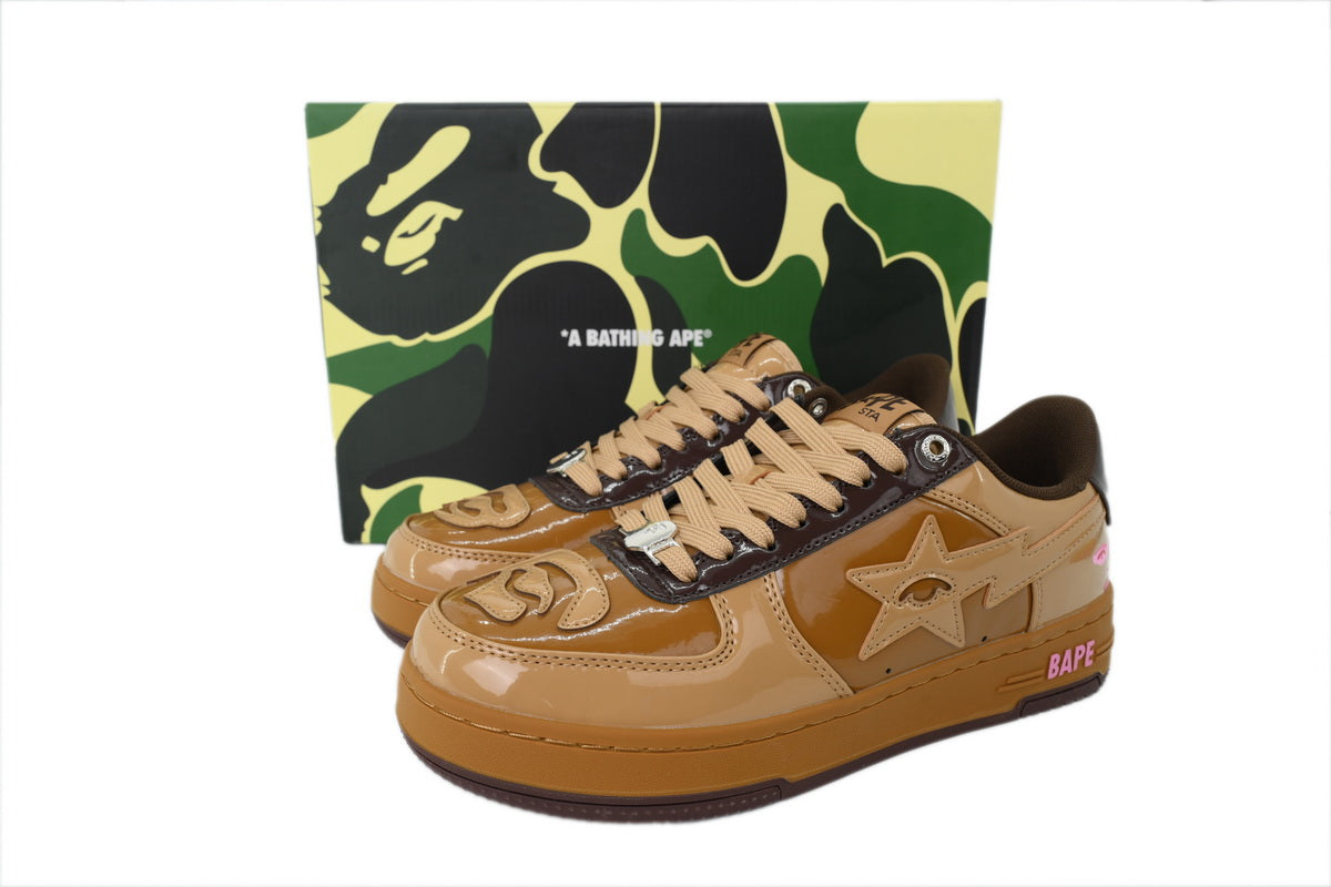 A BATHING APE BAPE STA Glossy Tan & Caramel Eye-Graphic Sneakers | Women's & Men's Skate-Inspired Shoes