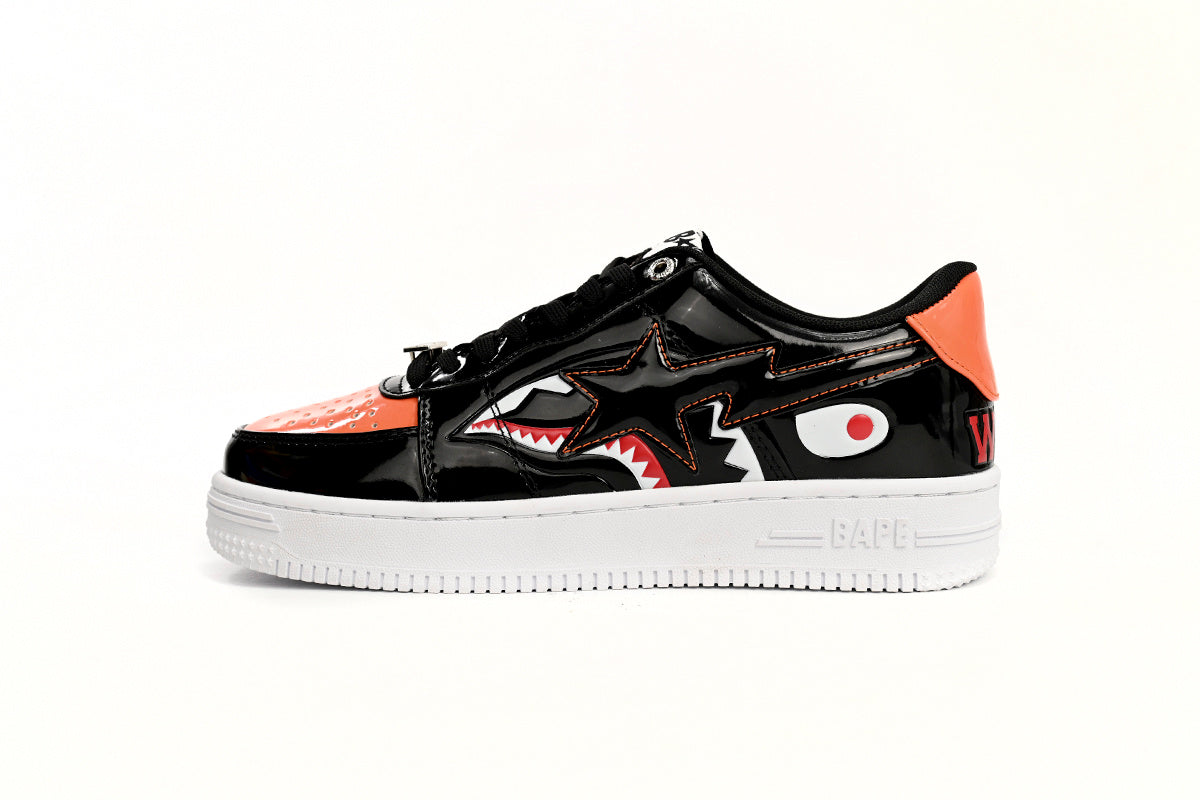A BATHING APE BAPE STA Black & Orange Shark Graphic Sneakers | Women's & Men's Skate-Inspired Shoes