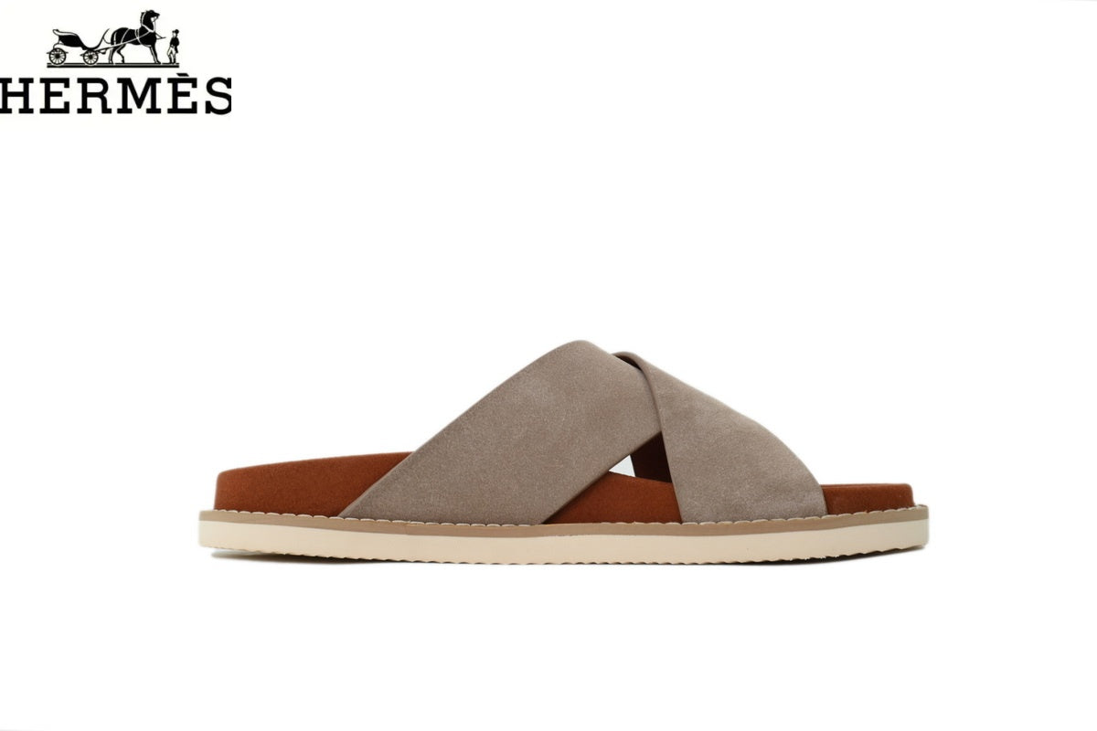 hermes womens shoes men sneaker  Loro Piana Light Grey Suede Cross-Strap Slide Sandal