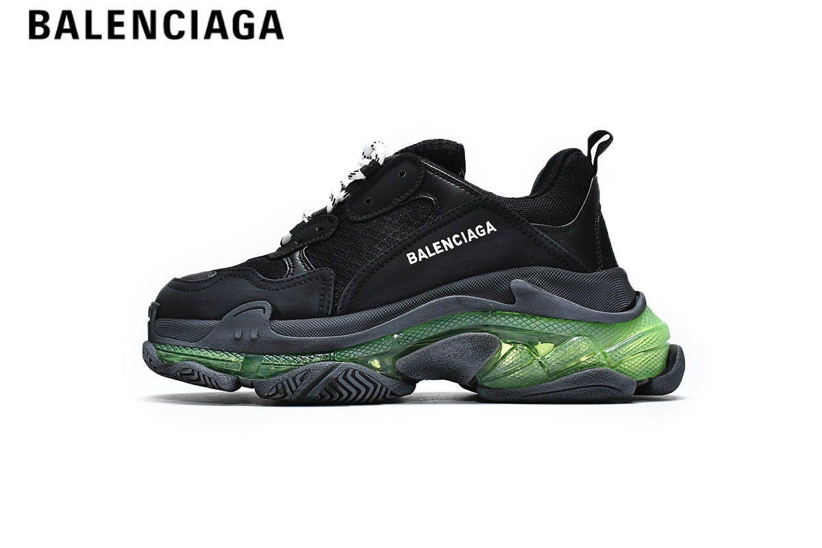 Balenciaga Triple S men's shoes  women sneakers ¡ª Black & Green, Clear Sole