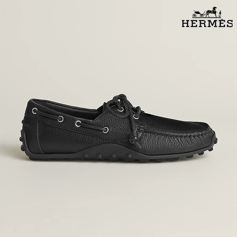 Herm¨¨s Black Grained Leather Lace-Up Driving Shoe with Studded Sole