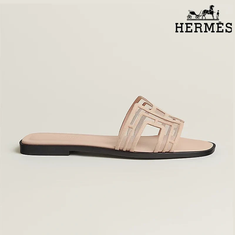 Herm¨¨s Nude Mesh Slide Sandals with H Cutout