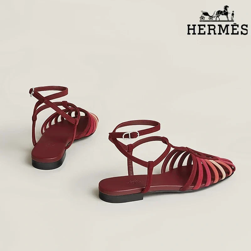 Herm¨¨s Multicolor Red Suede Ankle Strap Cage Sandals