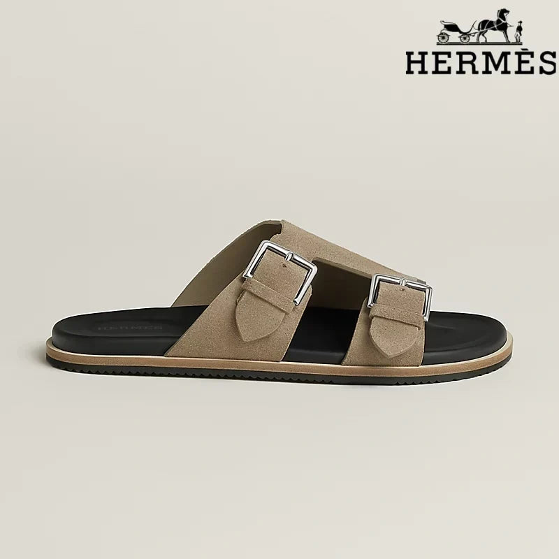 Herm¨¨s Khaki Suede Double Buckle Slide Sandals