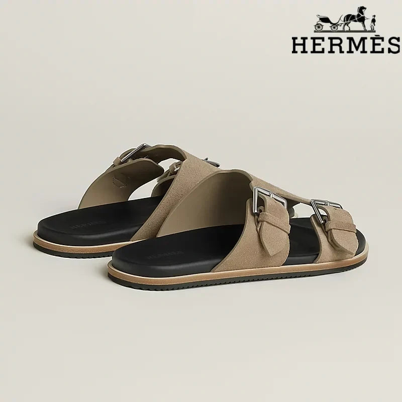 Herm¨¨s Khaki Suede Double Buckle Slide Sandals