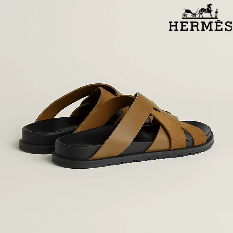 Herm¨¨s Brown Leather and Suede Cross-Strap Slide Sandals