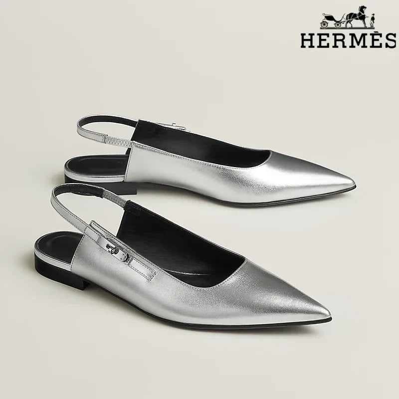 Herm¨¨s Silver Metallic Leather Slingback Flats