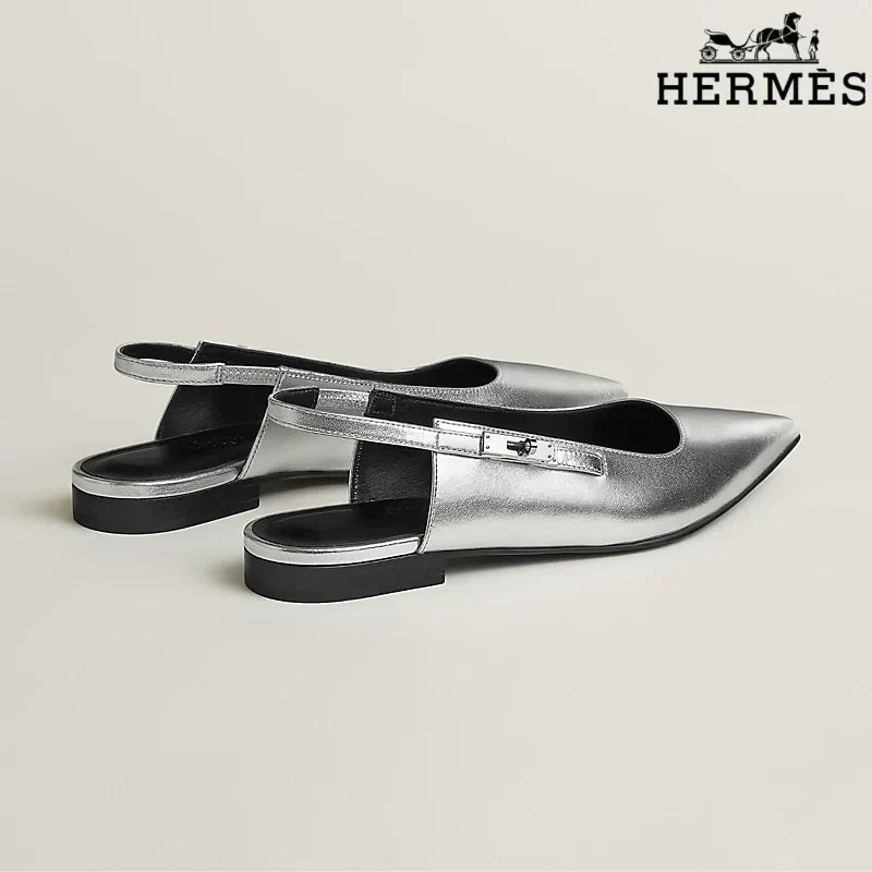 Herm¨¨s Silver Metallic Leather Slingback Flats