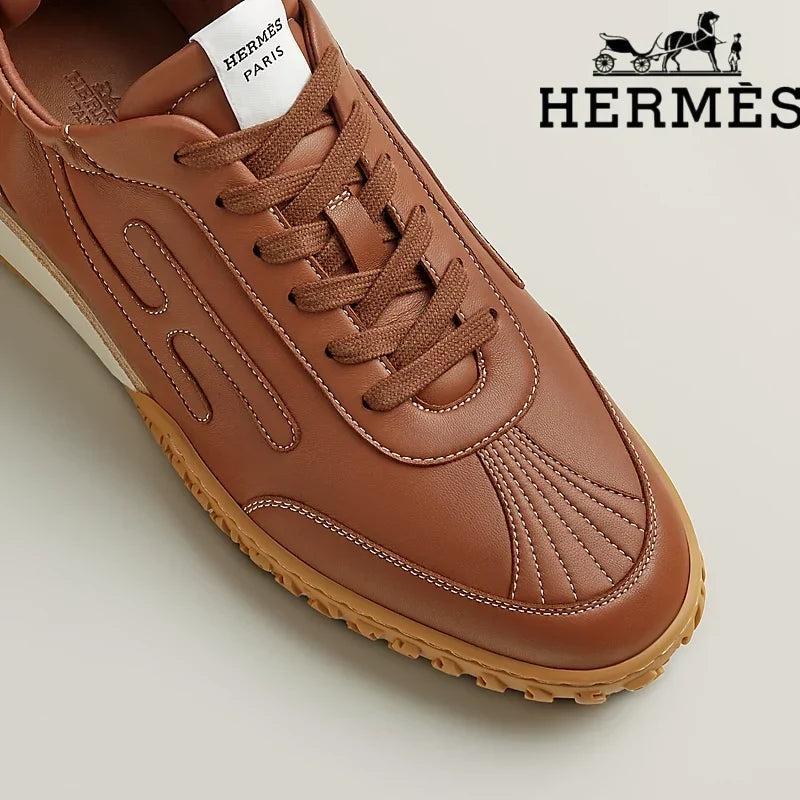 Herm¨¨s womens shoes men sneaker Tan Leather Stitched Sneaker