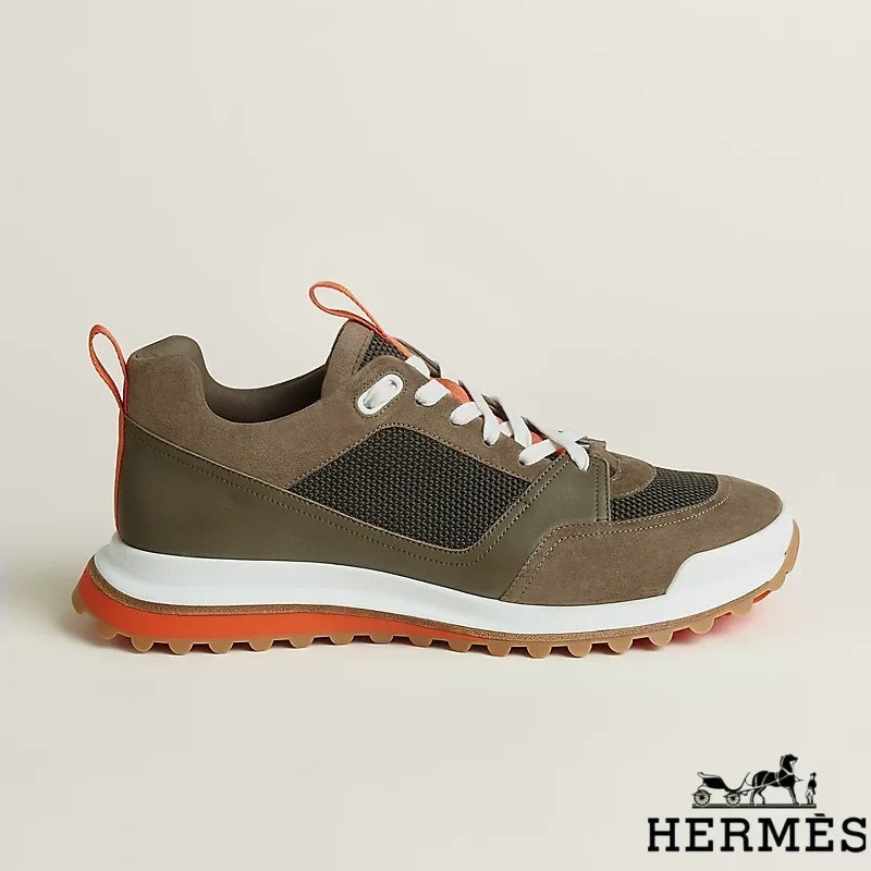 Herm¨¨s Khaki Mixed Fabric Hiking Sneakers