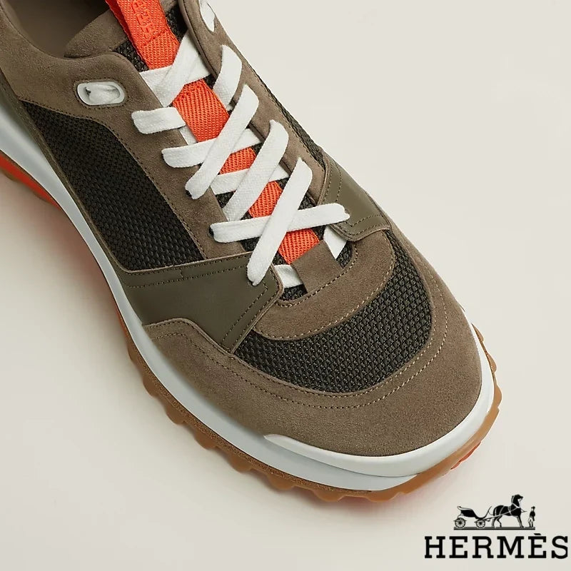 Herm¨¨s Khaki Mixed Fabric Hiking Sneakers