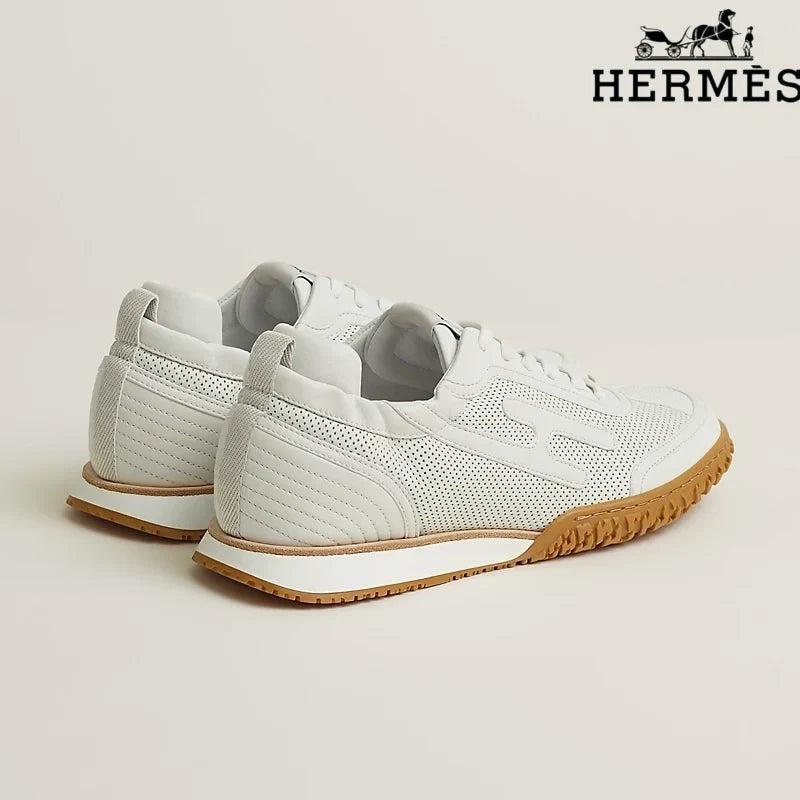 Herm¨¨s womens shoes men sneaker  White Perforated Leather Sneakers with H-Logo