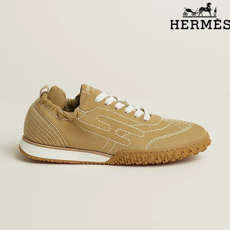 Herm¨¨s Camel Suede Contrast Stitch H-Logo Sneakers
