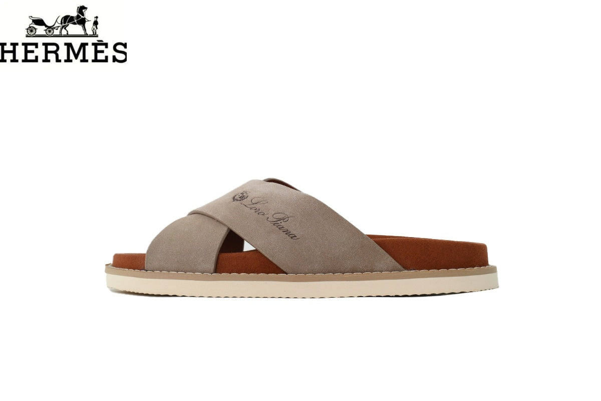 hermes womens shoes men sneaker  Loro Piana Light Grey Suede Cross-Strap Slide Sandal